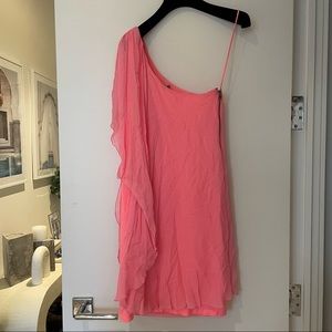 Alive & Olivia one shoulder pink dress with sheer chiffon sleeve, Size L